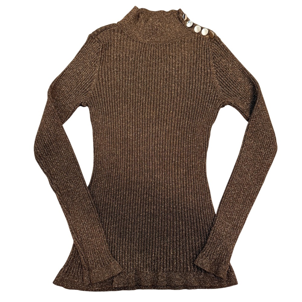 INC International Concepts Sweater Women XL Brown Metallic Ribbed Mock Neck